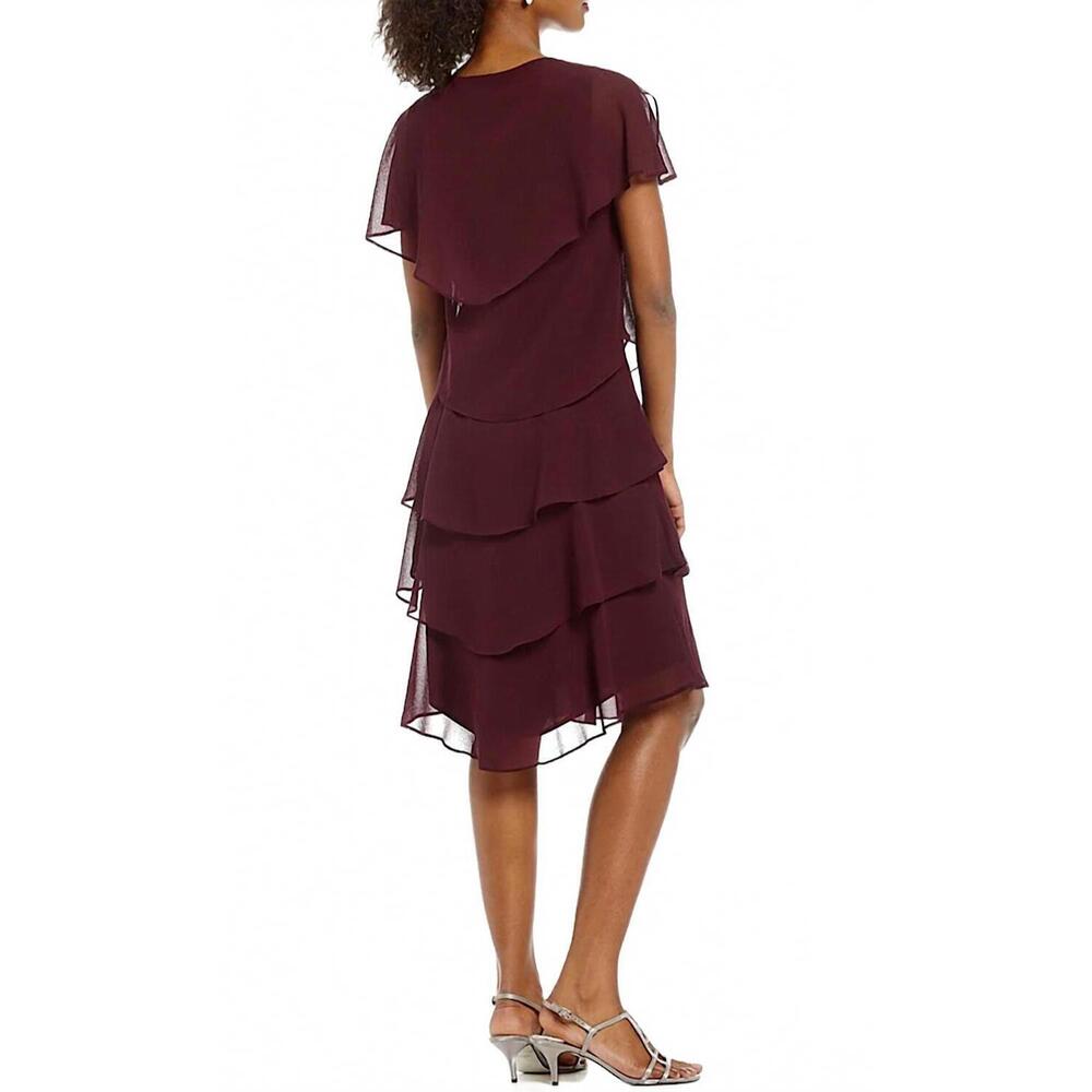 NEW SLNY georgette tiered capelet dress in fig - Picture 2 of 4